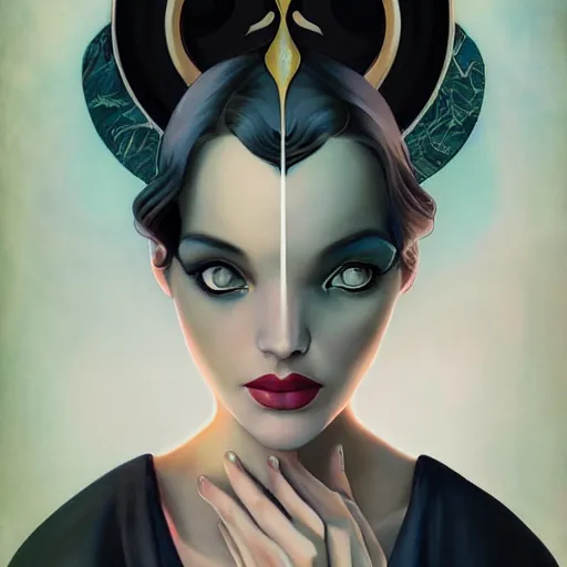 Image similar to an art nouveau, ( streamline moderne ), multi - racial portrait in the style of anna dittmann and charlie bowater and loish. very large, clear, expressive, and intelligent eyes. symmetrical, centered, ultrasharp focus, dramatic lighting, photorealistic digital matte painting, intricate ultra detailed background.