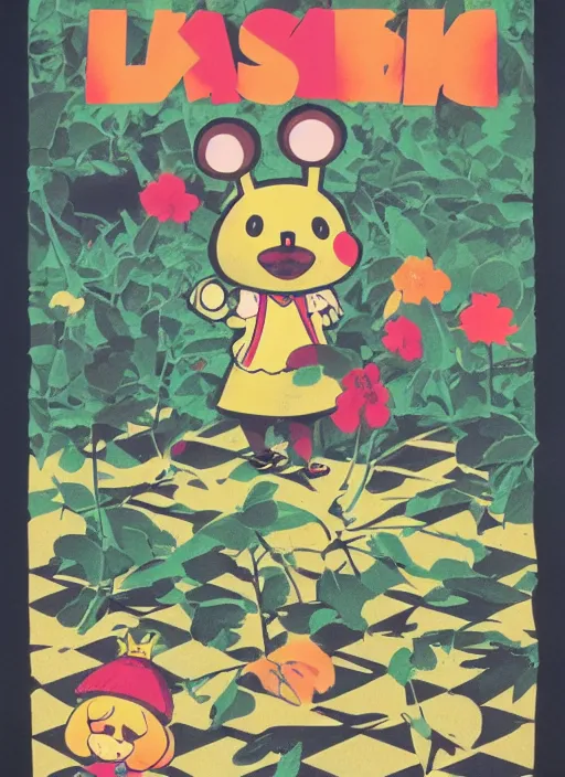 Image similar to Polish posters for Isabelle from Animal Crossing. Screen printed, silkscreen, paper texture. 1968