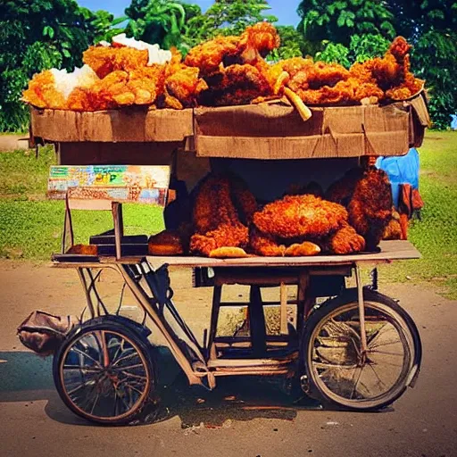 Image similar to “ an elephant selling fried chicken wings and sticky rice with a motorcycle cart in rural thailand. masterpiece. trending on artstation ”