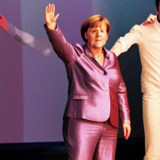 Prompt: A still of Angela Merkel wearing a disco suit in Saturday Night Fever