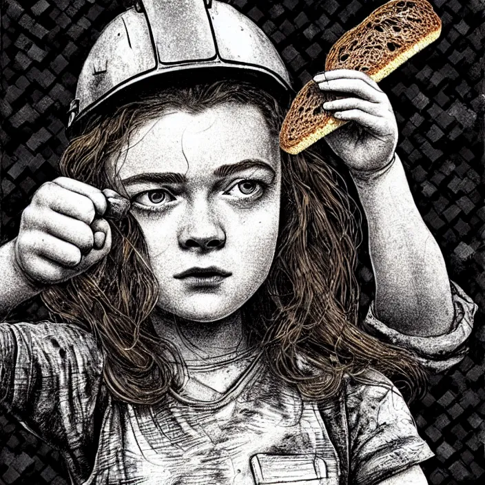 Image similar to extreme close - up on sadie sink as a miner : she lifts a slice of bread with her hand, looks at it. background : black tiles!! on walls. black and white, pencil and ink. by gabriel hardman, joe alves, chris bonura. cinematic atmosphere, detailed and intricate, perfect anatomy