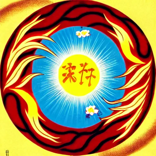 Prompt: Japanese art, phoenix in fire, sun, flowers, Venus, feminism, eggs