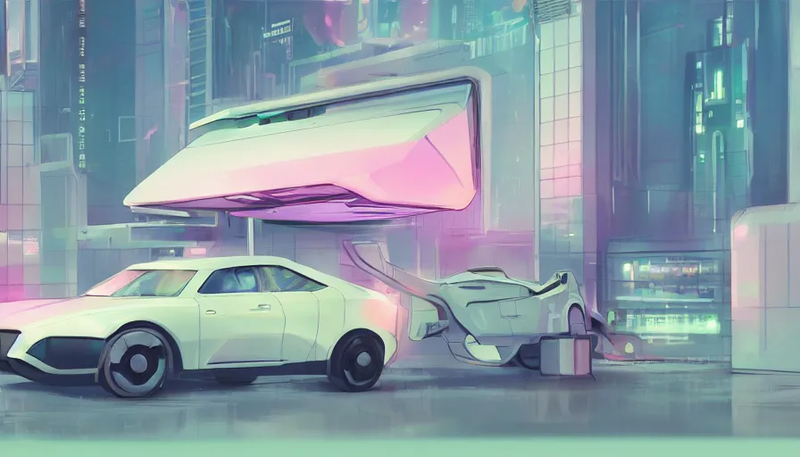 Image similar to pastel color pallete futuristic kiosk floating car with jet engine next to it Future drive through window Highly Illustrated artstation by space goose Cyberpunk buildings in background