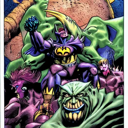 Prompt: hybrid of the maxx and batman in the style of simon bisley