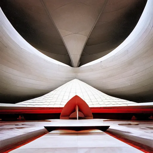 Image similar to interior of a futuristic lotus temple with gold, red and white marble panels, in the desert, by buckminster fuller and syd mead, intricate contemporary architecture, photo journalism, photography, cinematic, national geographic photoshoot