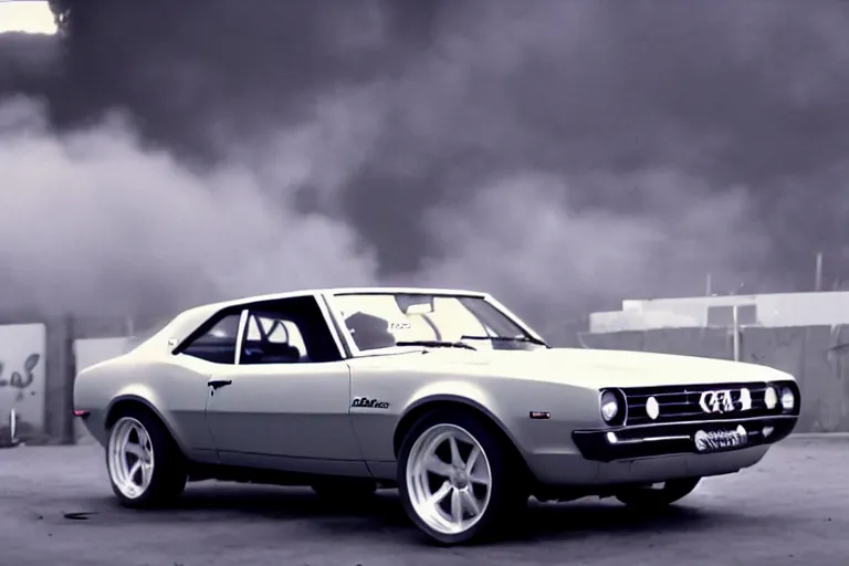 Image similar to audi camaro b 1 ( 1 9 6 9 ) drifting, phonk music background, smoke behind wheels, noise, dark, establishing shot, neon lines