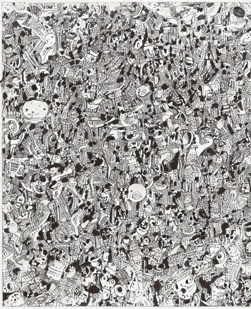 Image similar to dance gavin dance happiness intricate ink drawing of many things happening, cover art musical artistic