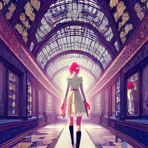 Image similar to beautiful girl in intricate clothing walking through a hallway of reflective mirrors, reflections, very high intricate details, painting, digital anime art, medium shot, mid - shot, wlop, ilya kuvshinov, artgerm, krenz cushart, greg rutkowski, sana takeda