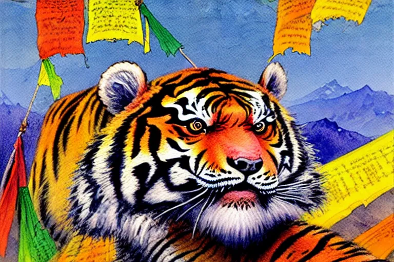 Image similar to a hyperrealist watercolour character concept art portrait of tibetan style tiger in the himalayans. prayer flags adorned. neon flowers. by rebecca guay, michael kaluta, charles vess and jean moebius giraud