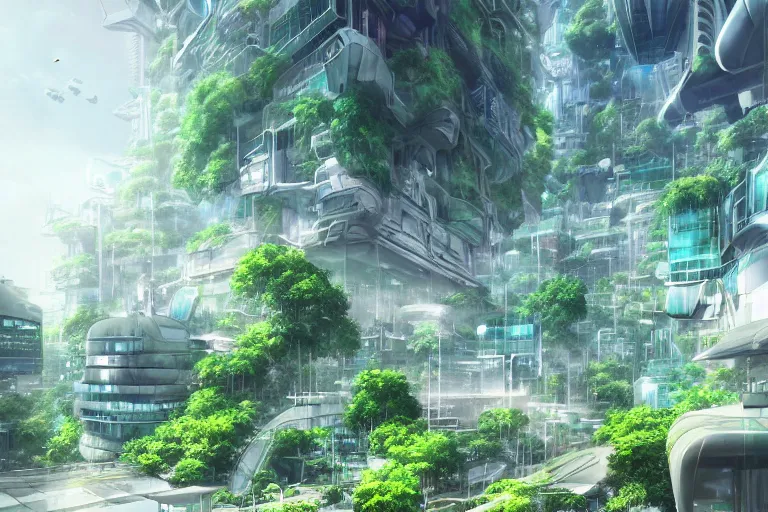 Image similar to futuristic city, lush vegetation, humid, early evening, cloudy, beautiful, dull pastel colors, realistic, hyper detailed, octane render, trending on artstation by yoshitaka amano and makoto shinkai, studio ghibli style