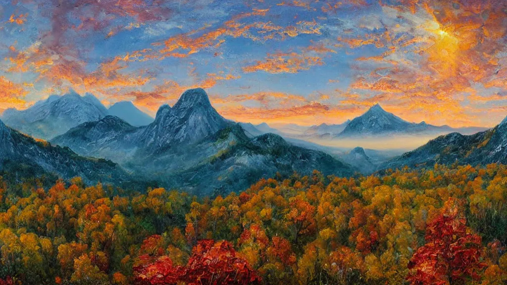 Prompt: The most beautiful panoramic landscape, oil painting, where the mountains are towering over the valley below their peaks shrouded in mist, the sun is just peeking over the horizon producing an awesome flare and the sky is ablaze with warm colors and stratus clouds. A giant dreamy waterfall separates the valley and the trees are starting to bloom in a great variety of colors, by Greg Rutkowski, aerial view