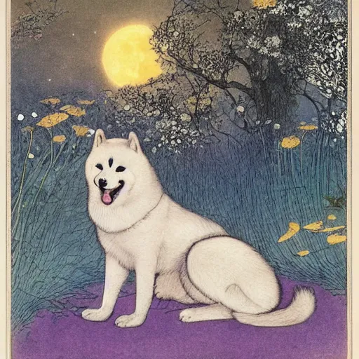 Prompt: an akita inu sitting in a moonlit palace garden, by warwick goble and kay nielsen