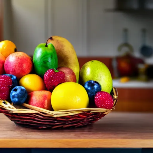 Prompt: a fruit basket on top of a kitchen table, 4k