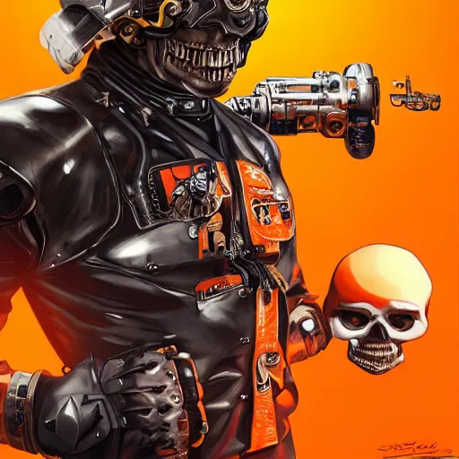 Prompt: a portrait of an cyborg skull fighter pilot wearing a helmet, vampire teeth, in an orange racing helmet by sandra chevrier, detailed render, epic composition, cybernetics, 4 k realistic, cryengine, realistic shaded lighting, sharp focus, masterpiece, by matteo scalera, gary montalbano, peter elson in the style of the tokyo ghost comic