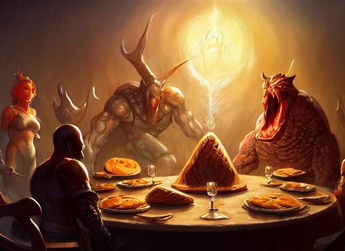 Image similar to a giant magical piece of toast at the head of the dinner table, all the dinner guests looking toward the toast, by marco bucci and frank frazetta, magic : the gathering fantasy concept art, high resolution, fantasy coloring, intricate, digital painting, artstation, smooth, sharp focus