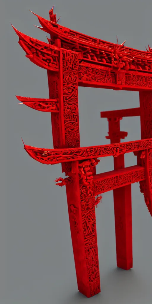 Image similar to 3 d render of a carved red torii gate sculpture, chrometype, made of liquid metal, neotribal with thorns and thunders, japanese temple, raytraced, volumetric lightning, 8 k, by zhelong xu, ouchh and and innate studio