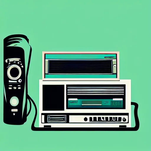 Image similar to vaporwave retro poster with old TV-set, telephone and laptop