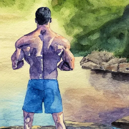 Prompt: muscular man by the river, water color painting