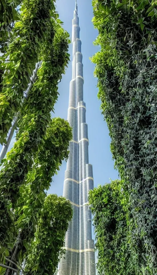 Prompt: the burj khalifa with plants and vines and greenery growing on it. in a beautiful green metropolis surrounded by flowers, trees and greenery.