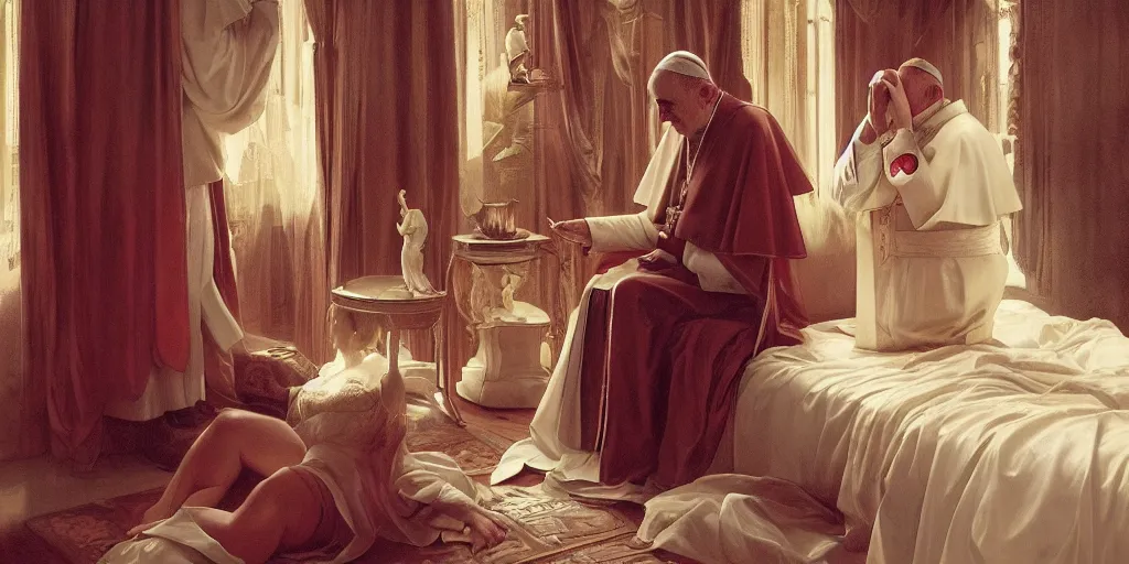 Image similar to photography of a pope making touching a sensual woman in a bedroom, deep focus, intricate, elegant, highly detailed, digital painting, artstation, concept art, matte, sharp focus, illustration, art by artgerm and greg rutkowski and alphonse mucha