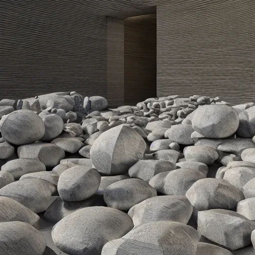 Prompt: sculpture made of piled stones, soda cans, minimal white room gallery, sunlit, photorealistic, 3 d rendering, higly detailed, minimalist, made with unreal engine, cgsociety, yves tanguy