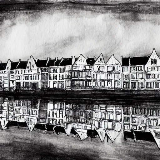 Image similar to an Ink drawing of Amiens, Northern France, waterfront houses, high contrast, black and white