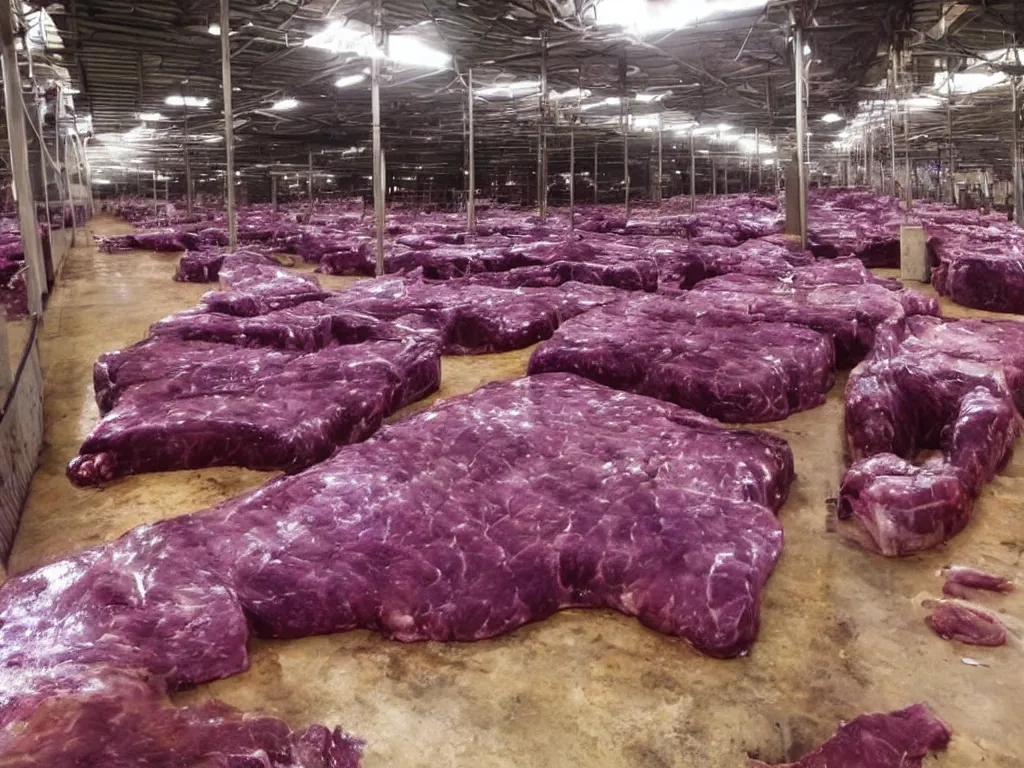 Image similar to shiny purple slab of meat being eaten by flies, warehouse, slaughterhouse, nightmare, horror,