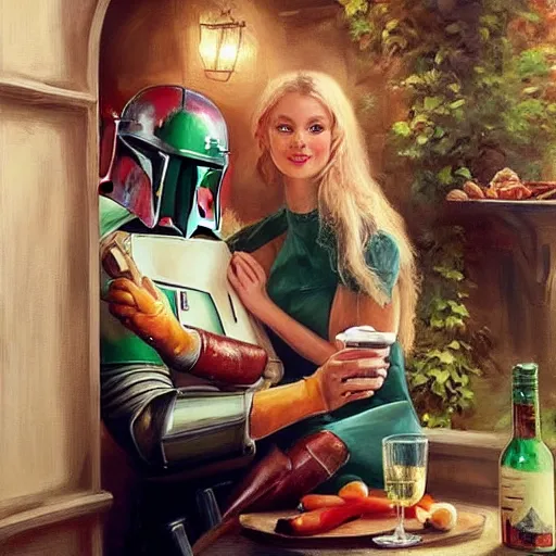 Image similar to (Boba Fett) and a beautiful young blonde drinking beer in a wine cellar, food, meat, schnapps, torches on the wall, romantic, inviting, cozy, painting by Vladimir Volegov