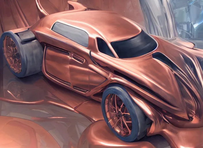 Image similar to an automobile with copper paint, in a studio, futuristic, art style by pablo carpio, car design by vergil exner, big engine and big wheels. full view, blank background.