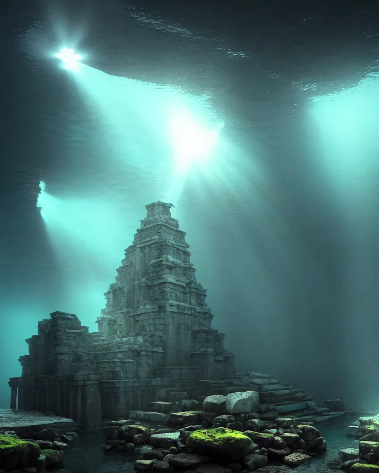 Image similar to full color, wide shot of submerged pre - incan temple, dark, underwater, symmetrical, crepuscular rays, bubbles, abyss, grenada underwater statue park, anime style mixed with fujifilm, very dark, murky, foggy, atmospheric, artstation, cgsociety, octane render, cgi, unreal engine 5, denoise, detailed, cinematic masterpiece