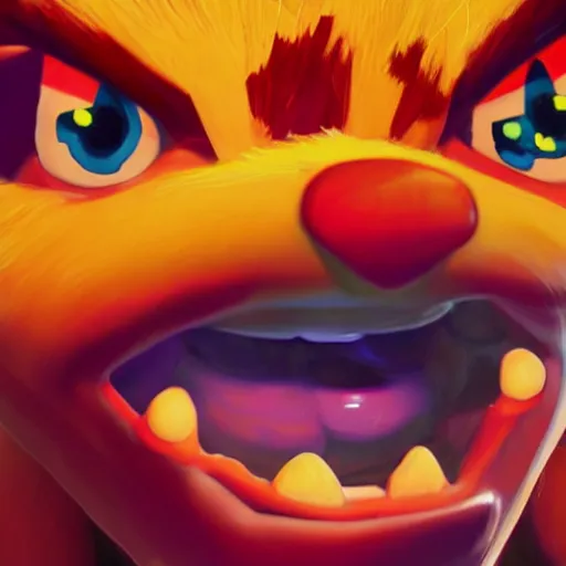 Image similar to upclose portrait of crash bandicoot making a crazy face, painterly style, vivid colors, by norman rockwell, very detailed picture with lots of emotion, trending on artstation, high fidelity, 8 k, has a very realistic look to it, hyper realism