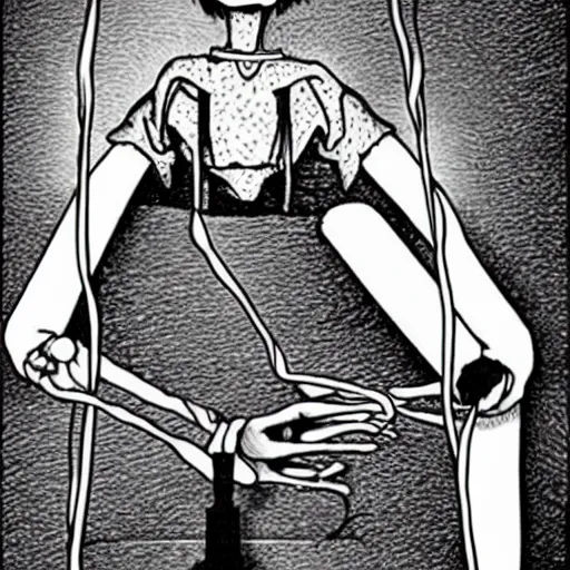 Image similar to person as a marionette being controlled by strings held by depression despair and hatred, illustrated by junji ito