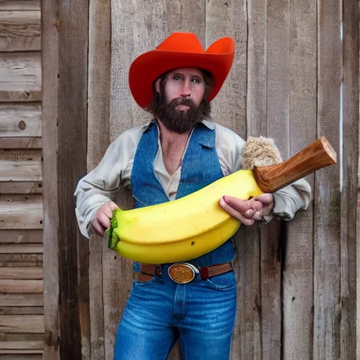 Prompt: gruff cowboy holding a banana like a gun