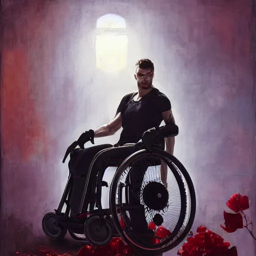 Image similar to handsome portrait of a wheelchair guy fitness posing, radiant light, caustics, war hero, one legged amputee, surrounded by hibiscus, by gaston bussiere, bayard wu, greg rutkowski, giger, maxim verehin