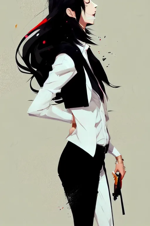 Image similar to a ultradetailed beautiful panting of a stylish woman, she is wearing a white shirt with a tie and black pants, by conrad roset, greg rutkowski and makoto shinkai trending on artstation