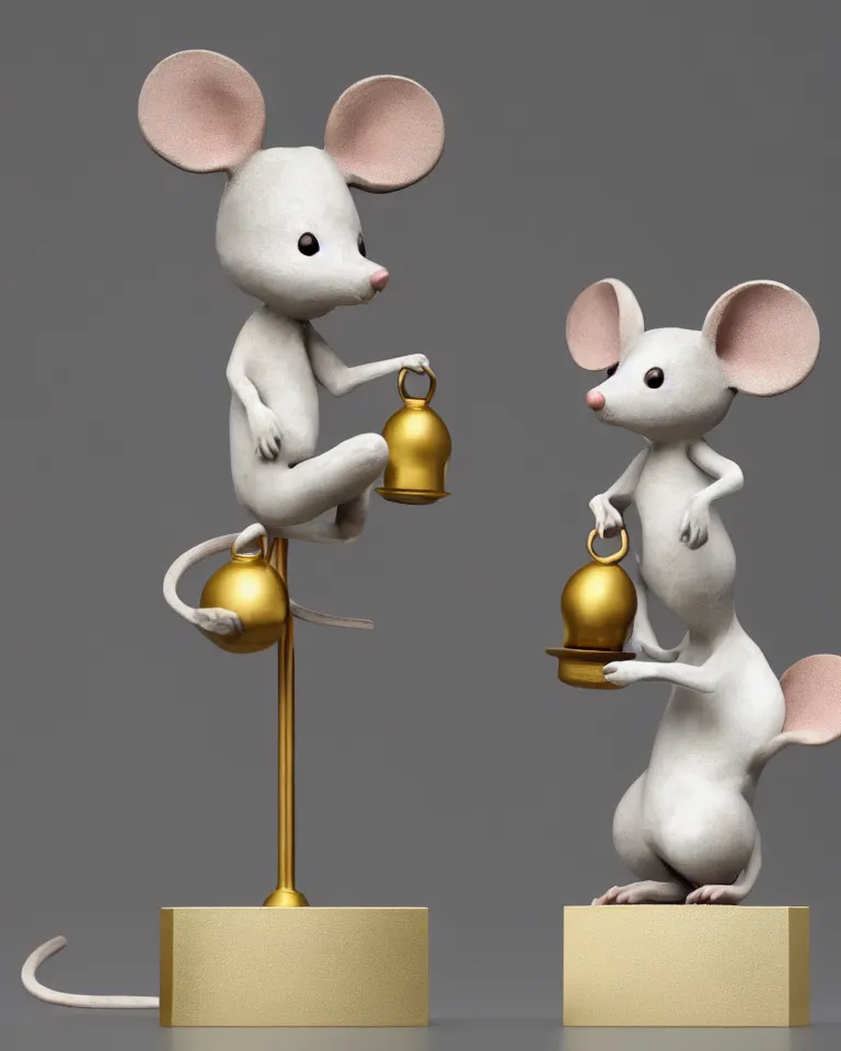 Image similar to a modern art statue of cute mouse standing on two legs and holding a round bell made with white marble and gold, trending on artstation