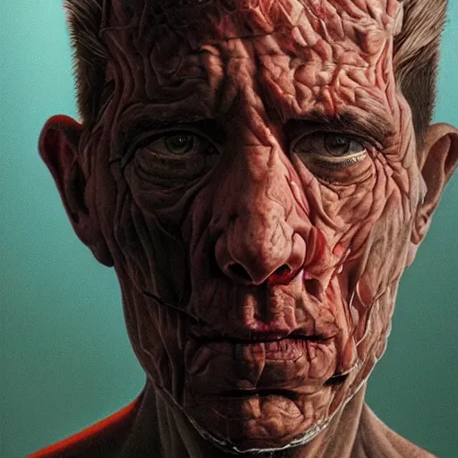 Image similar to portrait artwork of man tearing the skin from his face to reveal lizard skin. Artwork by Dan Mumford, realistic cinematic lighting, ultra detailed, hyper realism