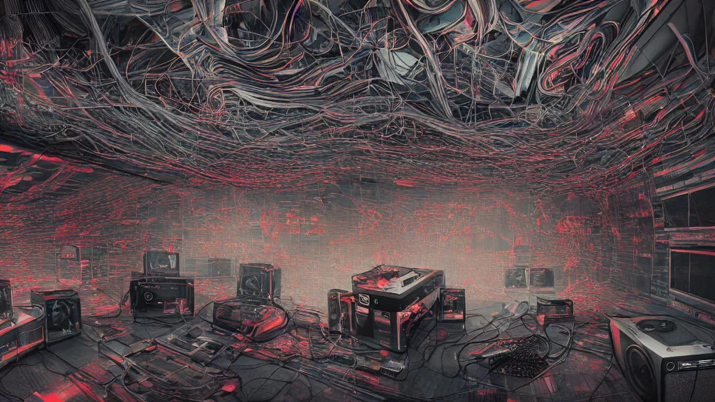 Prompt: radiohead attached by neural synapses to giant boombox stereo, paranoid android, powerful, halfrear lighting, backlight, volumetric lighting, glassy, post - production, insanely detailed and intricate, hypermaximalist, elegant, ornate, hyper realistic, super detailed, radioactive particles, stereo component details, photorealistic, 8 k resolution, insane composition