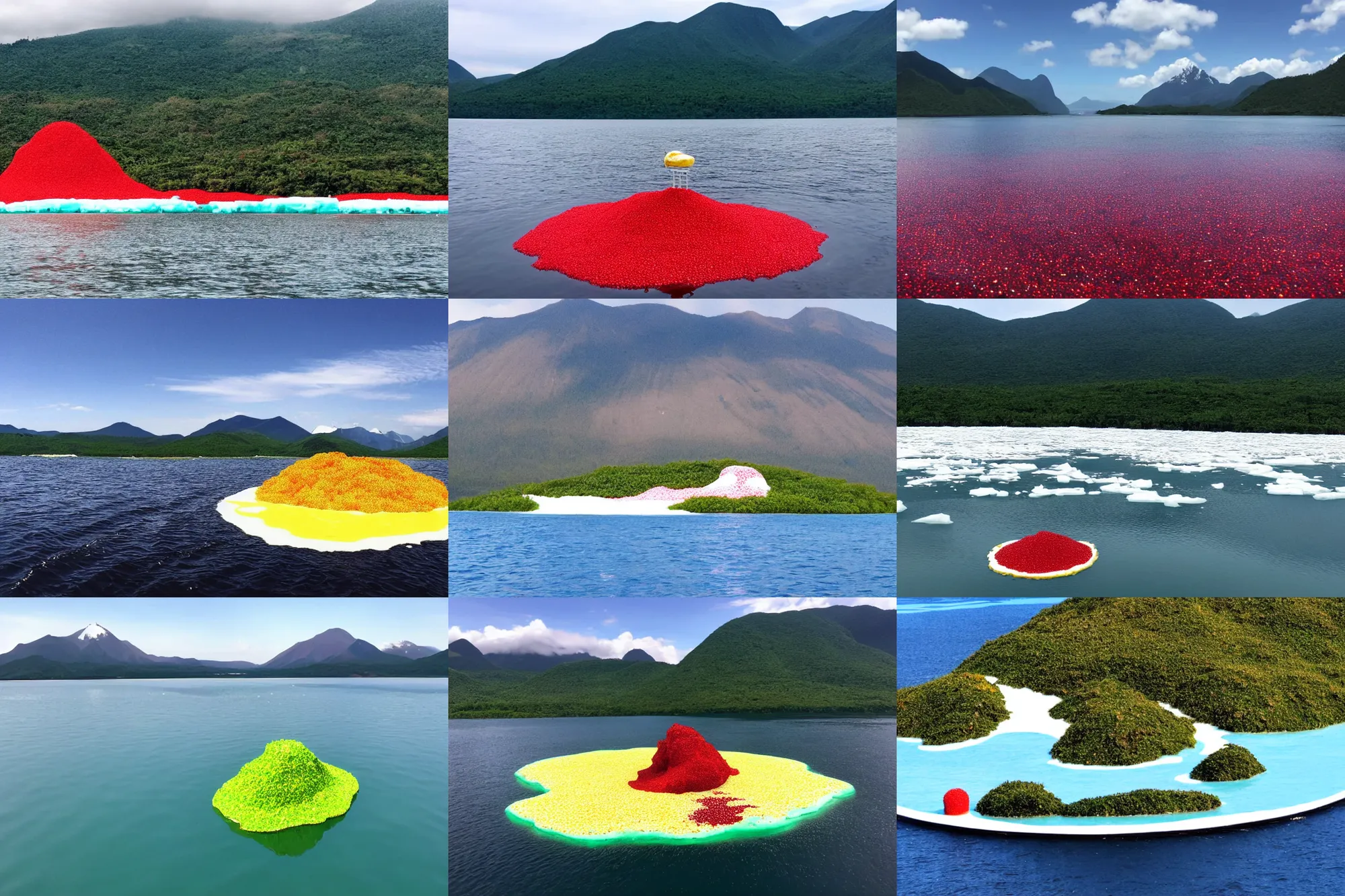 Prompt: an island made of red caviar, in the center of this island there are several mountains made of white ice cream, the water around this island is made of coca - cola ( dark brown water ), the photo was taken from a boat, lemon slices float on the water