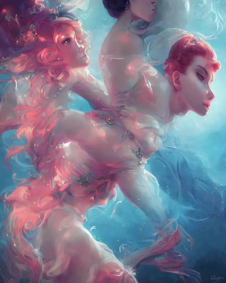 Image similar to masterpiece portrait of a beautiful stunning queen of coral with chic accessories, in neon reflective bikini, beach, fantasy character portrait, dynamic pose, above view, top lighting, art by charlie bowater and wenjun lin and starember and gil elvgren