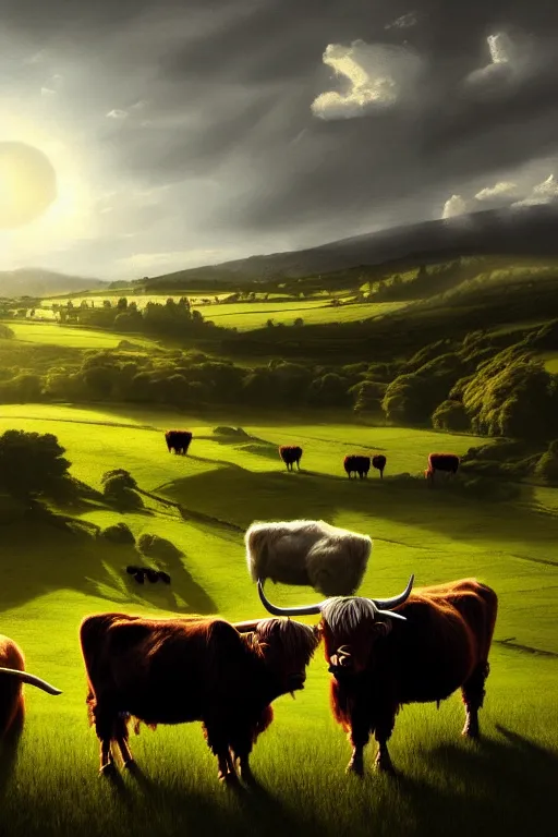 Prompt: peaceful farmland and highland cattle, in the style of alex jay brady, solarpunk, atmospheric, clean, intricate and epic composition, gray by caravaggio, insanely quality, highly detailed, masterpiece, white light, artstation, 4 k