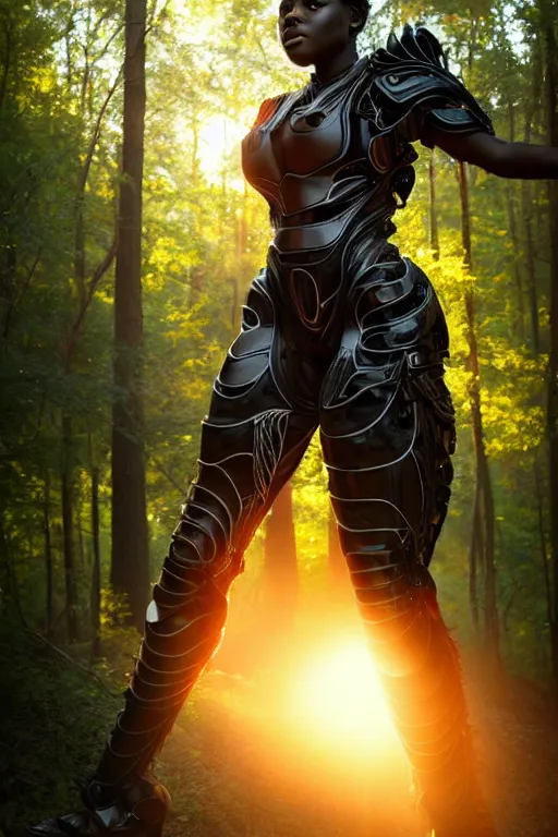 Image similar to hyperrealistic long shot mithra gorgeous black woman intricate exoskeleton armor in a forest sun behind her concept art eric zener elson peter cinematic orange light low angle hd 8k sharp rack focus