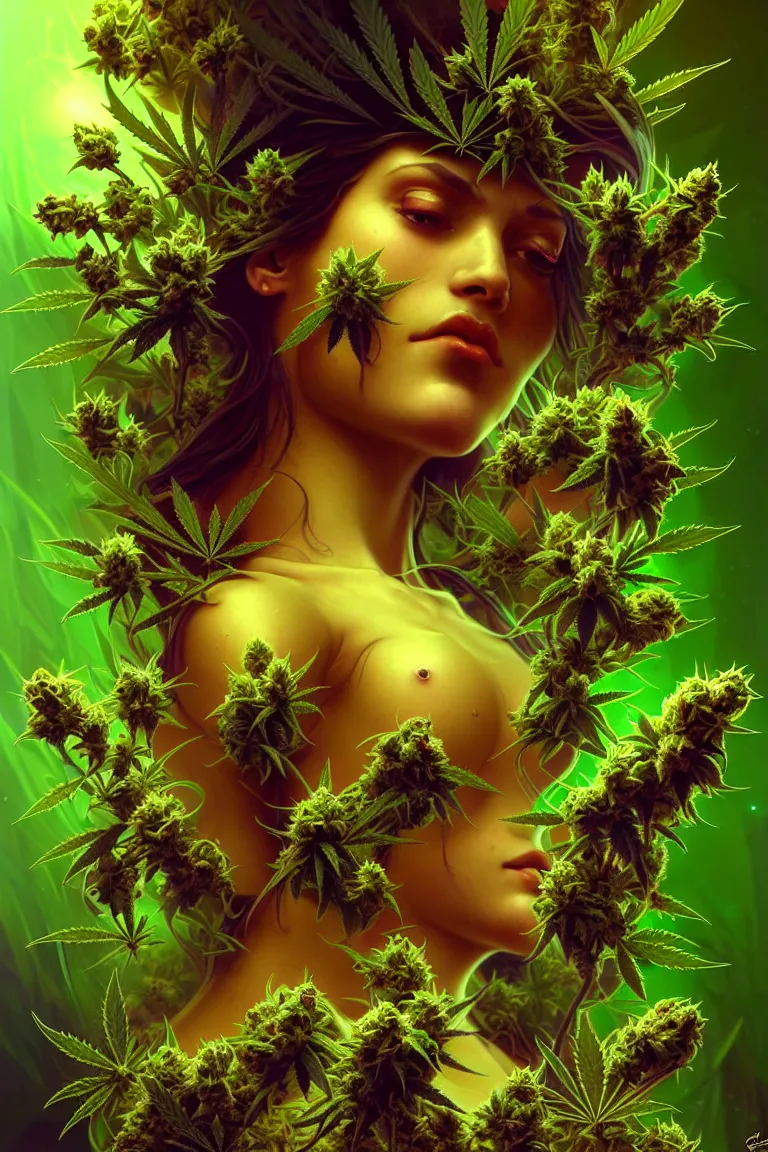 Image similar to epic scale cinematic full body marijuana goddess character concept perfect focus closeup macro photography of a beautiful marijuana bud crystals trichomes, densely packed buds of weed neon blacklight, sacred dmt weed goddess visionary fantasy art by greg rutkowski android jones artgerm alphonse mucha rule of thirds golden ratio alien plants