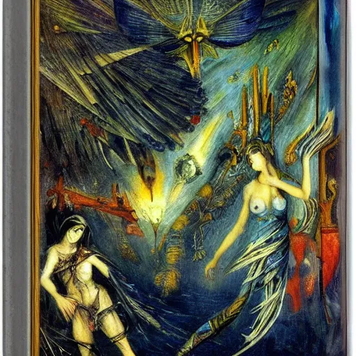 Prompt: by gustave moreau, by wifredo lam unnerving, comforting. a beautiful illustration of a space battle with wild, bright colors.