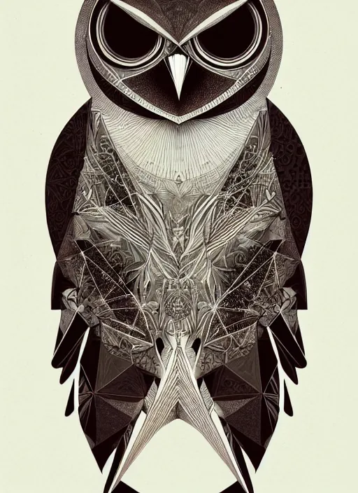 Image similar to portrait of a geometric owl, identical eyes, medium shot, illustration, full body made of white feathers, symmetrical, art stand, super detailed, cinematic lighting, and its detailed and intricate, gorgeous, by peter mohrbacher