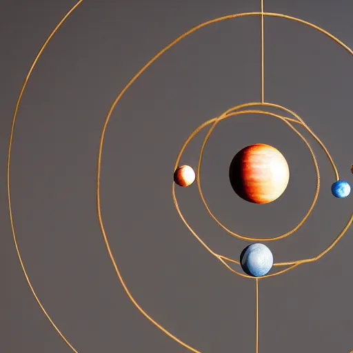 Prompt: a kinetic sculpture of this solar system hanging from horizontal line, orrery, canon 5 d 5 0 mm lens, papier - mache