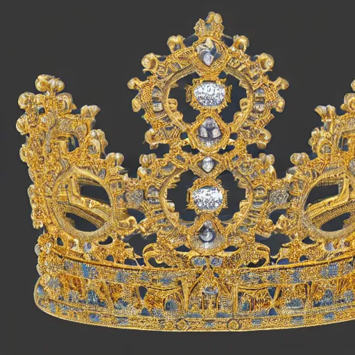 Prompt: Ultra realistic fantasy tiara, intricate detailed, gilded gold and diamonds, sharp focus, Symmetrical composition, octane render, high quality, 8k, volumetric lighting, on black background !dream