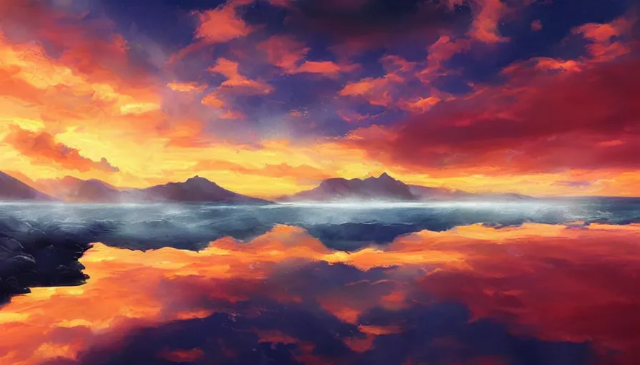 Prompt: solar eclipse in iceland, black sand, colorful clouds, blue sky, water reflection, jessica rossier, art station