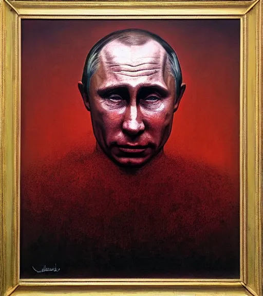 Prompt: Portrait painting of Vladimir Putin crying and suffering in a style of Beksinski.