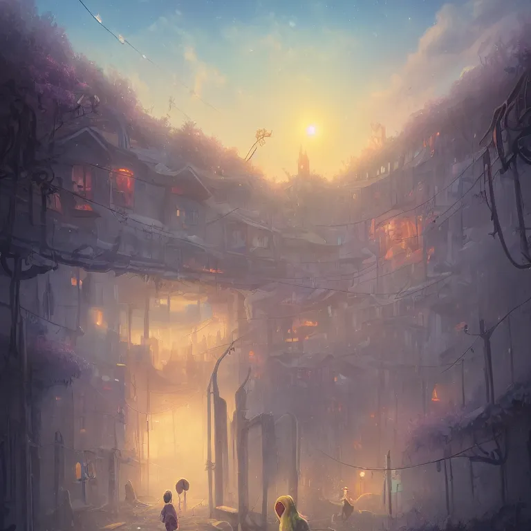 Prompt: A beautiful ultra detailed matte painting at the gates of DAWN, cinematic lighting, vivid, byCyril Rolando, David Wiesner, unreal engine, featured on artstation